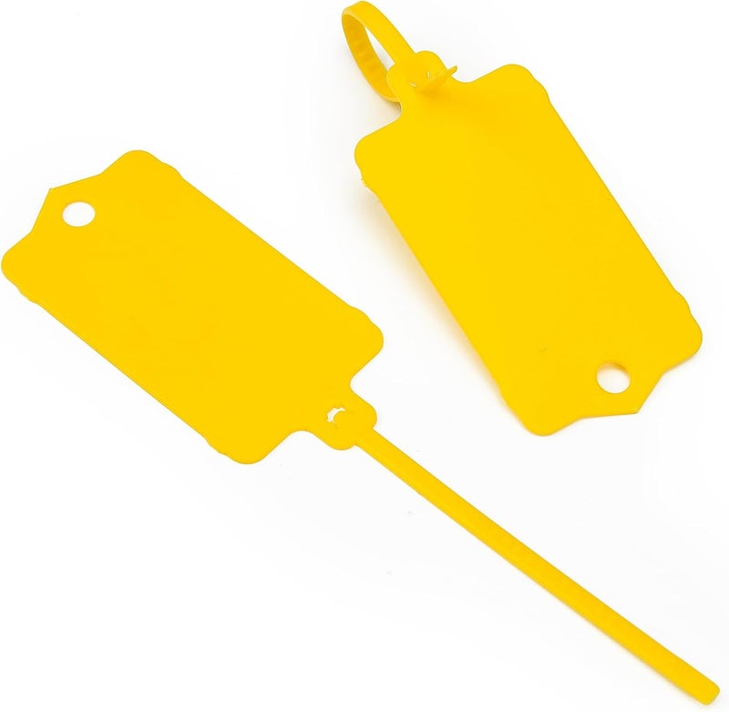 LeadSeals 100pcs Blank Plastic Tags for Labeling Reusable Hanging Tags Ties Key Tag Storage Labels Waterproof Plastic Mark Label Writable Hang Sign with One Marker Pen (Yellow) - Image 2